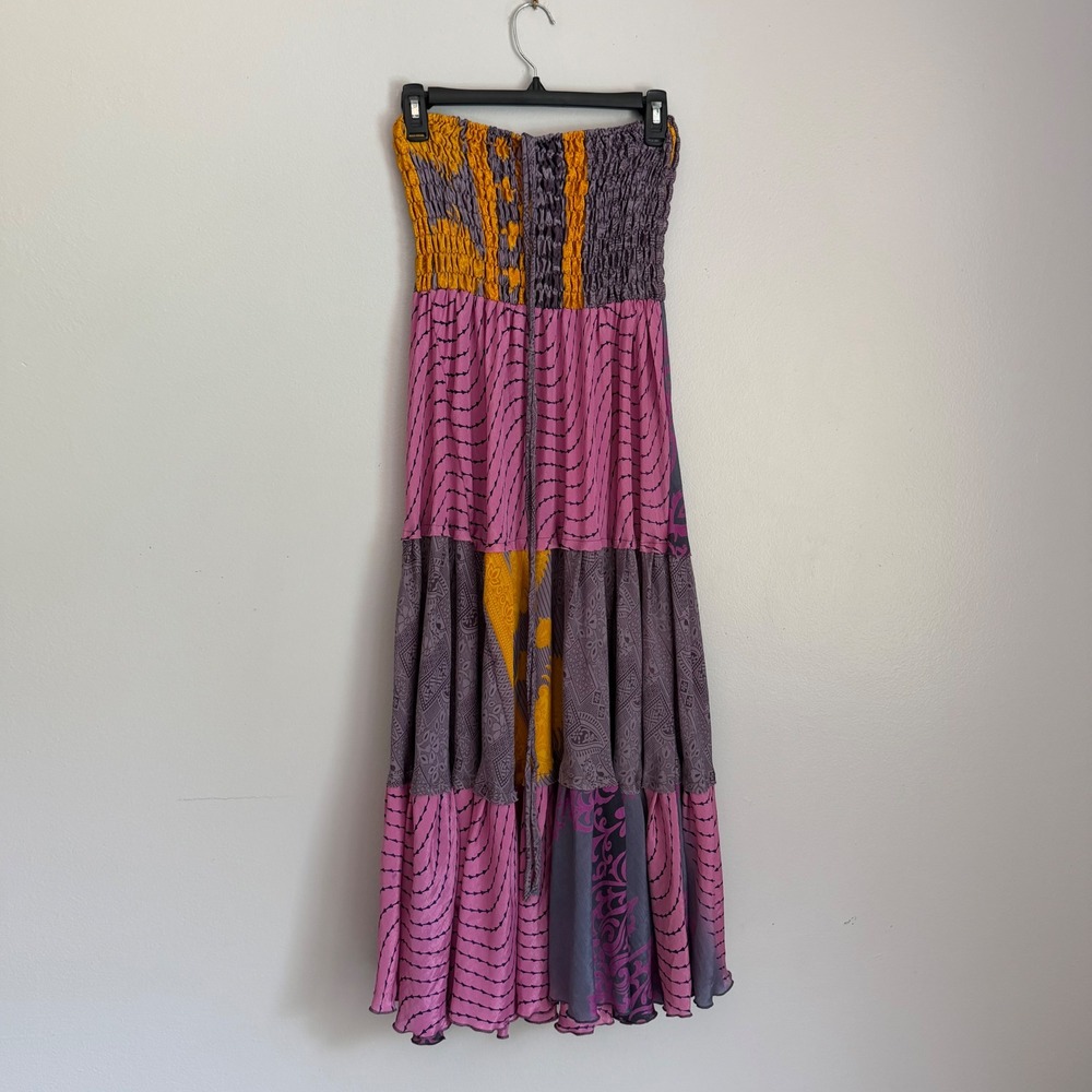 Darn Good Yarn Recycled Silk Smocked Maxi Dress Purple Pink Patchwork Boho L